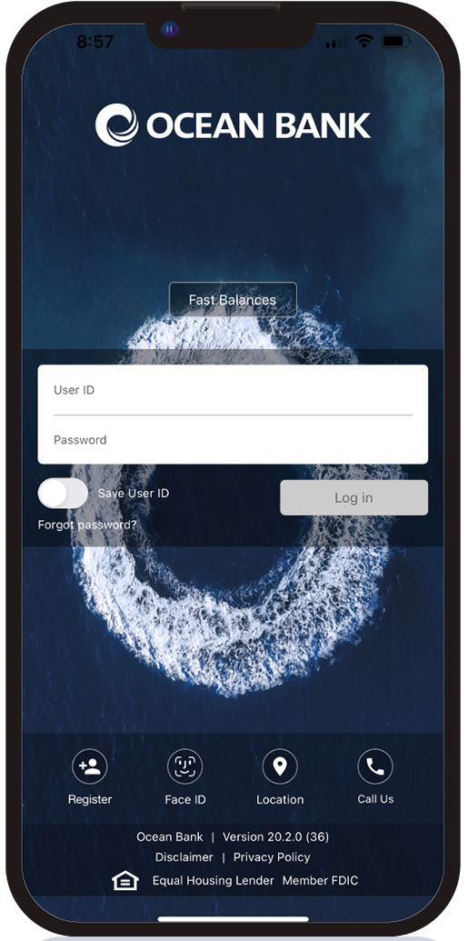 Sign in screen for mobile banking showing fields for User ID, Password and other options.