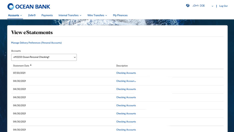 Sample screen shot that shows history of bank statements