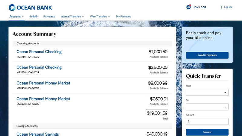  Sample of screen that shows deposit account, account nick name, account number, balance, available balance, and recent transactions