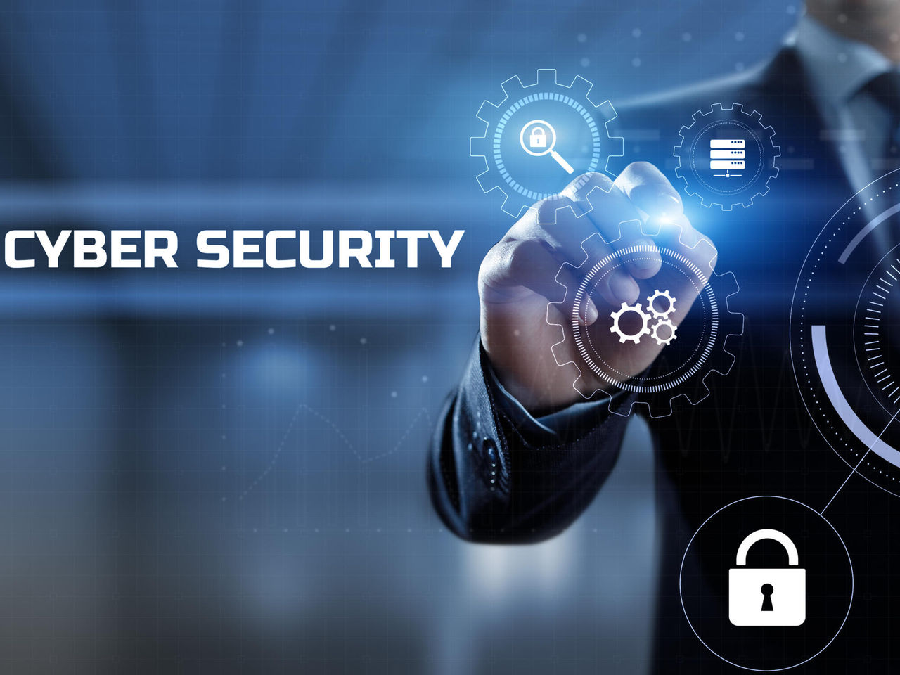Cyber security access control data protection personal information privacy concept. Businessman pressing button on screen.