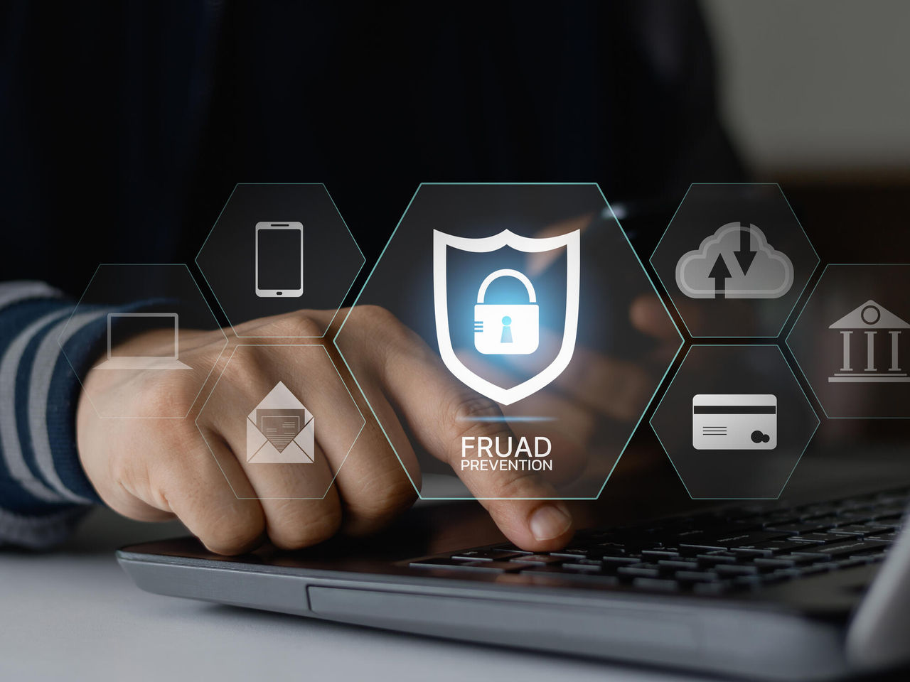 Fraud prevention button, concept about cybersecurity, credit card and identity protection against cyberattack and online thieves, phishing scam, mobile phone hacker, bank account threat and fraud.