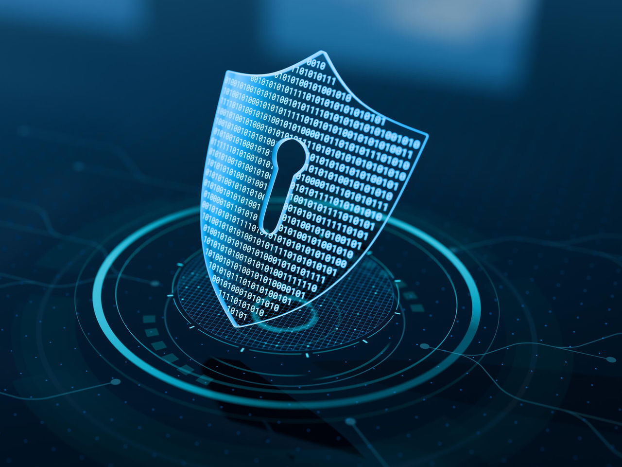 Cyber security and data protection on internet. Shield, secure access and encrypted connection protecting online information. Password protected system. Cybersecurity technology. Holographic icon.